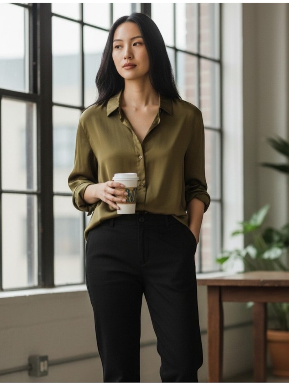 Eileen Fisher Dark Chocolate Brown Silk Charmeuse Blouse Size XXS